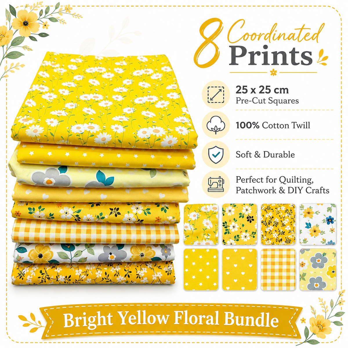 CraftsFabrics 8pcs/lot Yellow Floral Fat Quarters Bundle