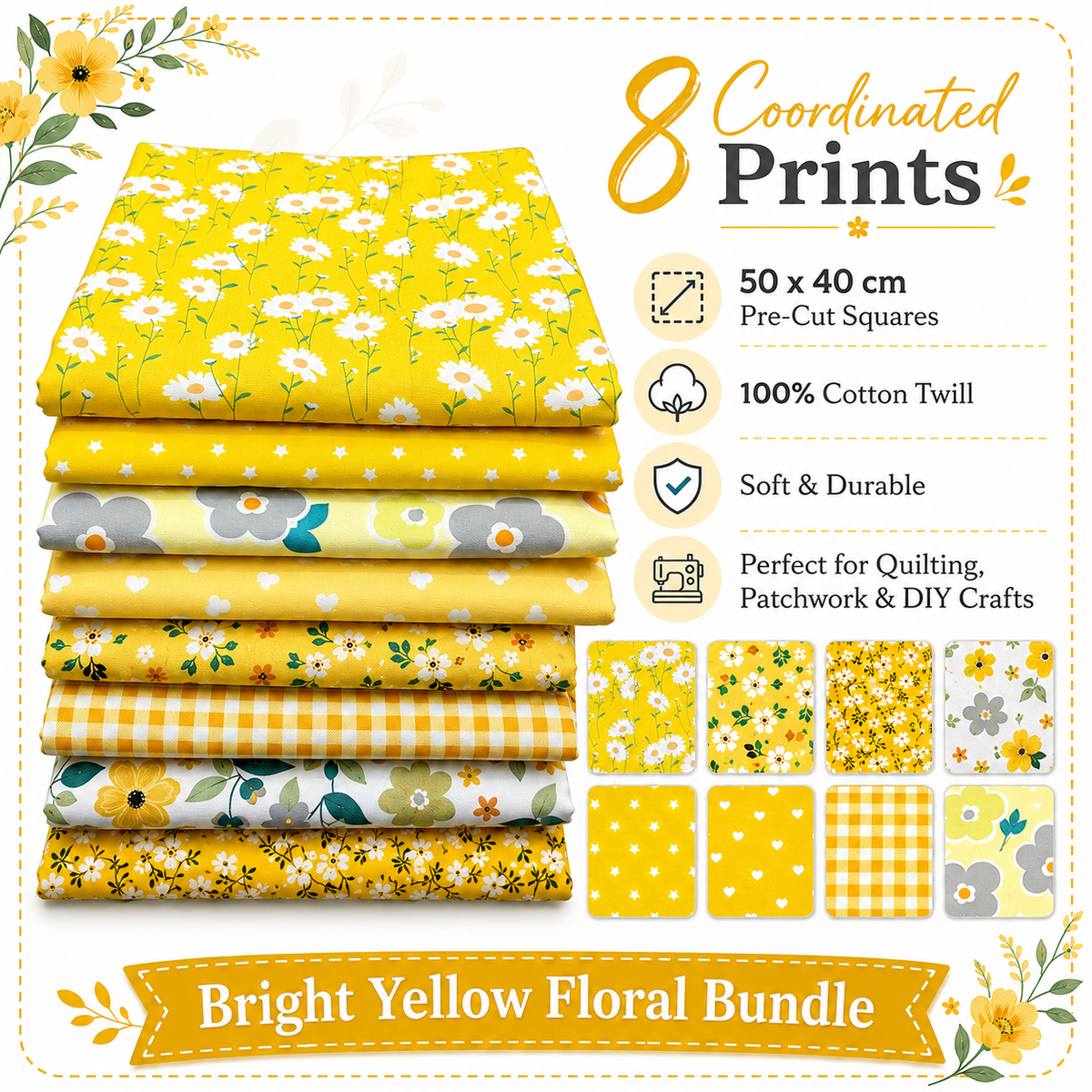 CraftsFabrics 8pcs/lot Yellow Floral Fat Quarters Bundle