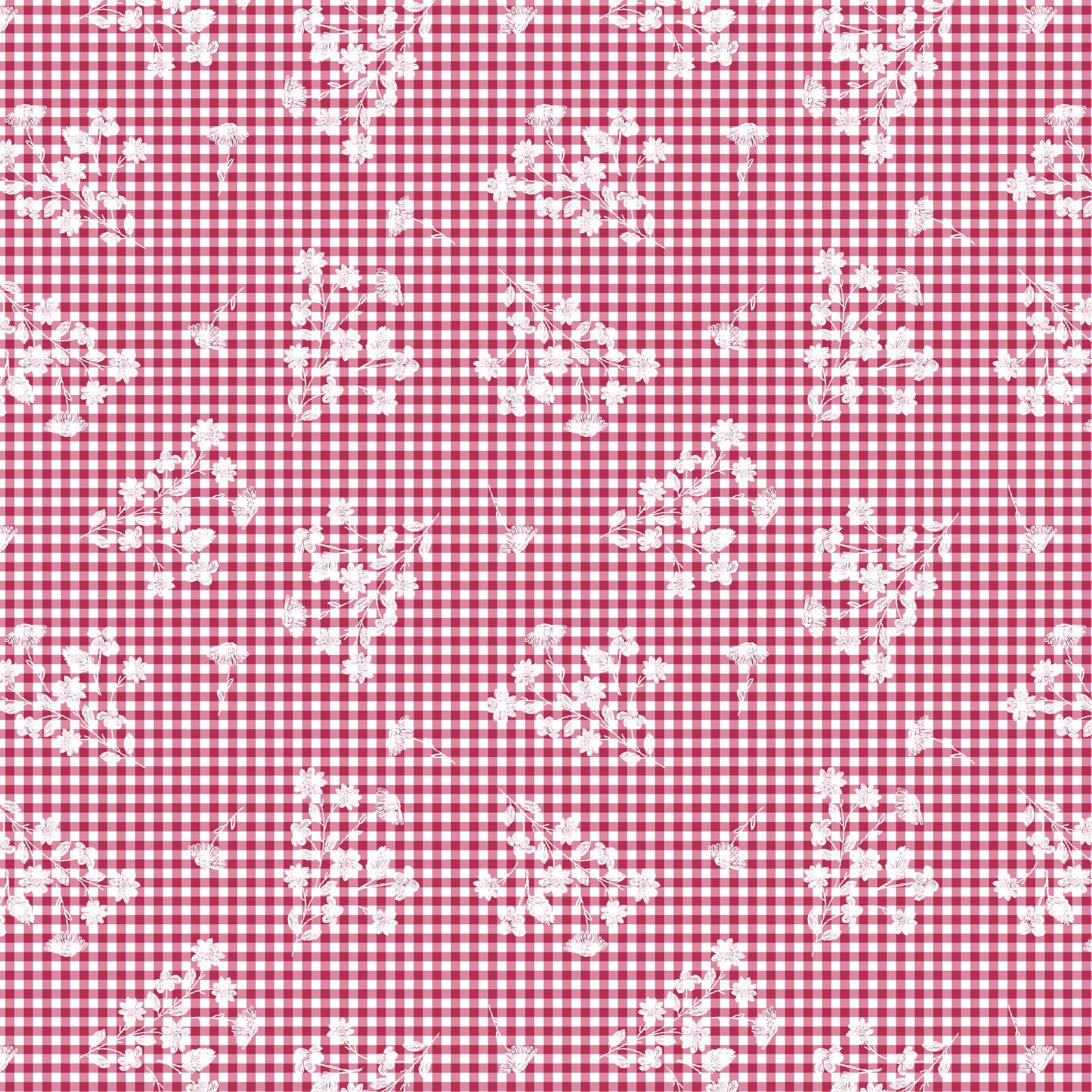 Red and white checkered pattern with small white floral designs on a fabric background