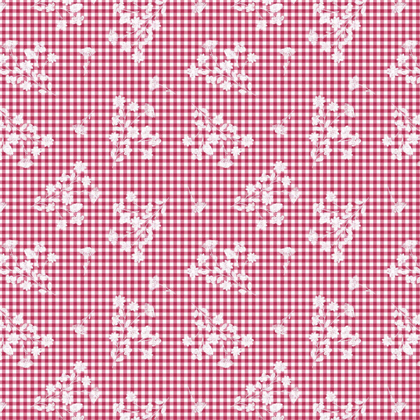 Red and white checkered pattern with small white floral designs on a fabric background