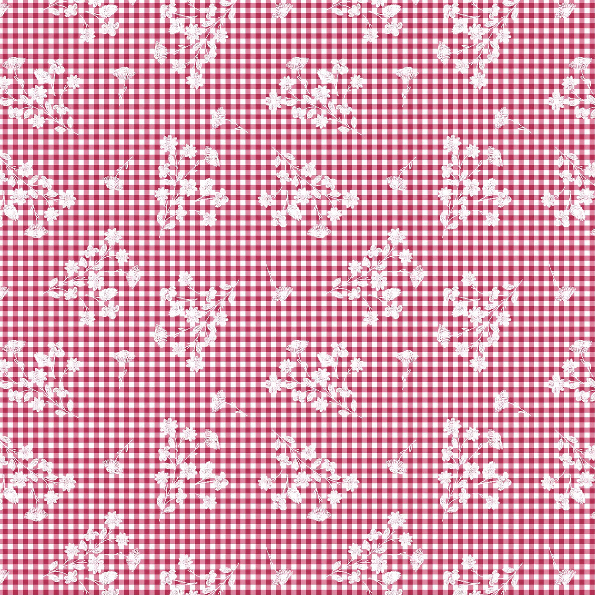 Red and white checkered pattern with small white floral designs on a fabric background