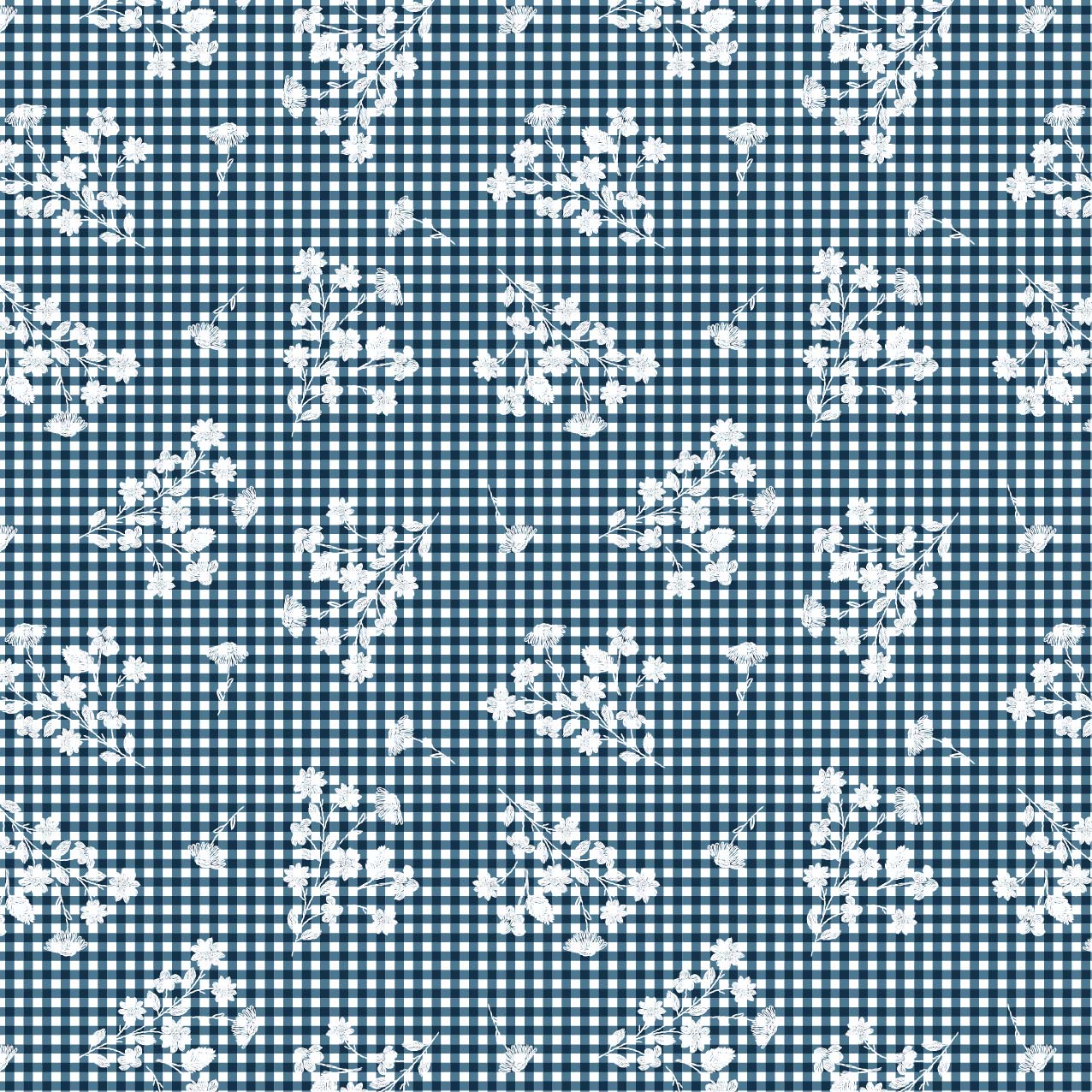 White floral pattern on a blue and white checkered background