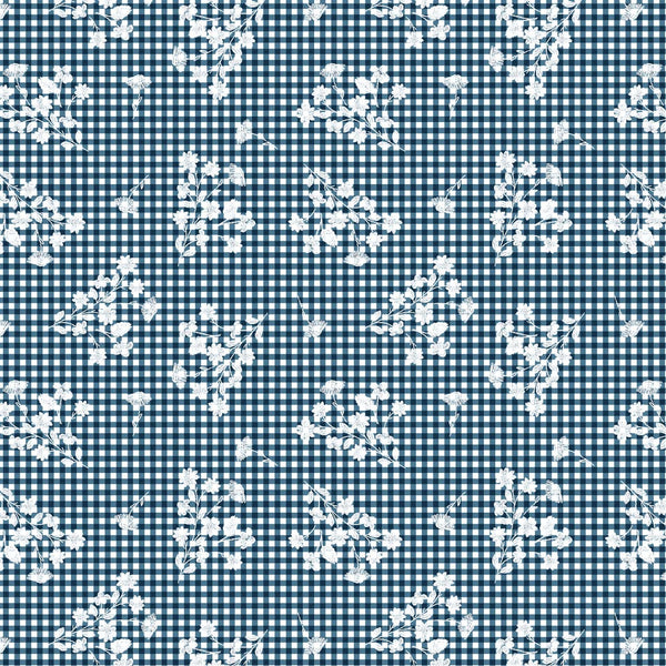 White floral pattern on a blue and white checkered background