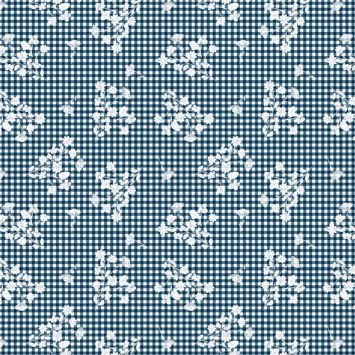 White floral pattern on a blue and white checkered background