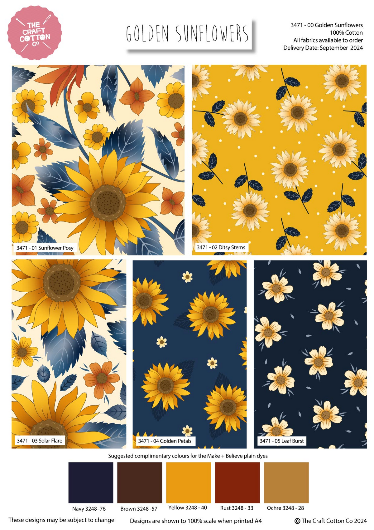 Golden Sunflowers 5Pcs Printed Cotton Digital Fat Quarter Bundle 100% Cotton 45x55cm Wide Craft Material for Crafting, Quilting, Home Décor