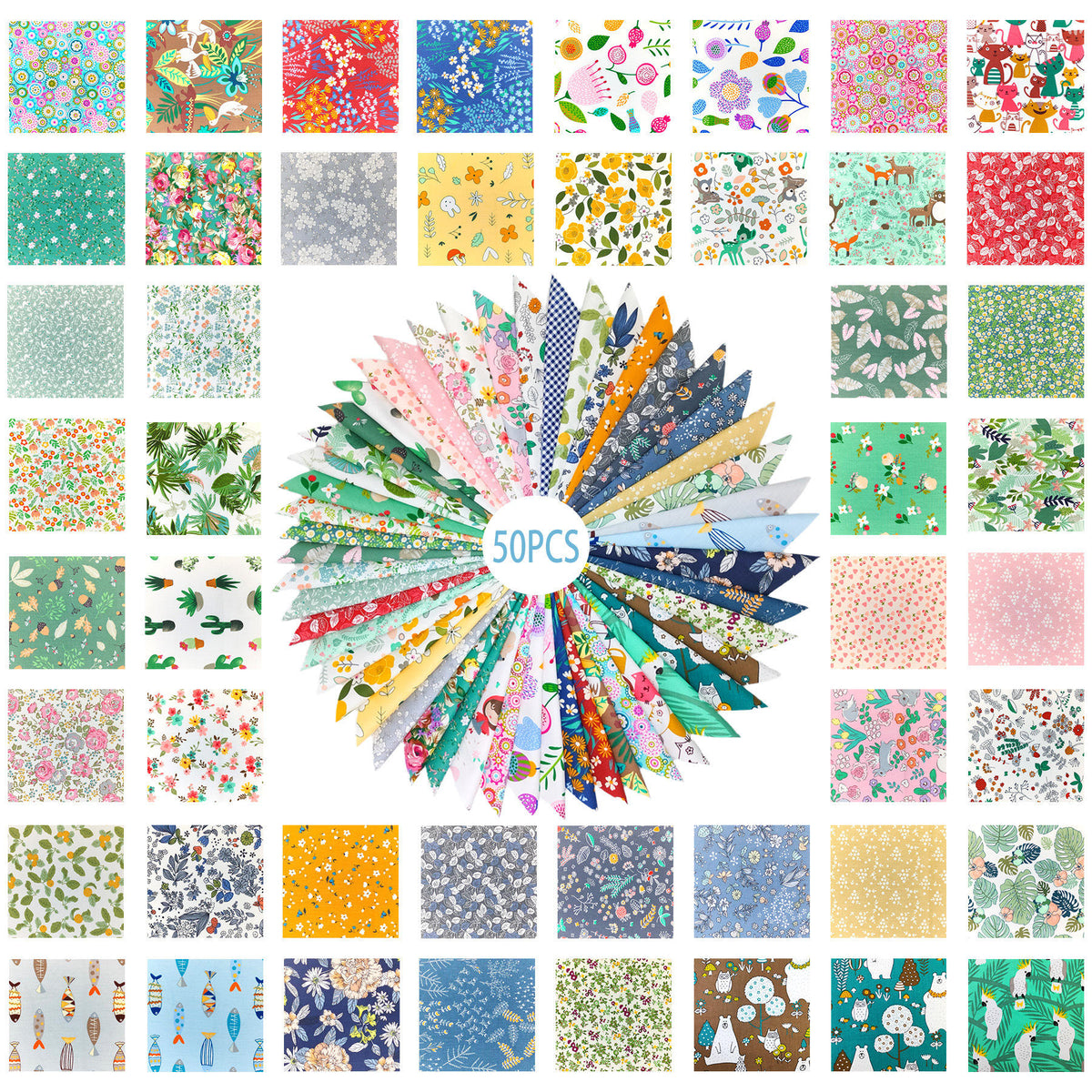 CraftsFabrics Lot de 4 carrés de tissu 100 % coton à pois motif dinosaures, 48 ​​x 48 cm de large, imprimés, pour patchwork, couture, maison, fête