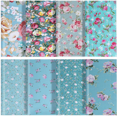 CraftsFabrics 8Pcs/lot Turquois Floral Fat Quarters 100% Cotton Twill Printed Precut Squares for Quilting, Arts, Crafts, DIY Projects