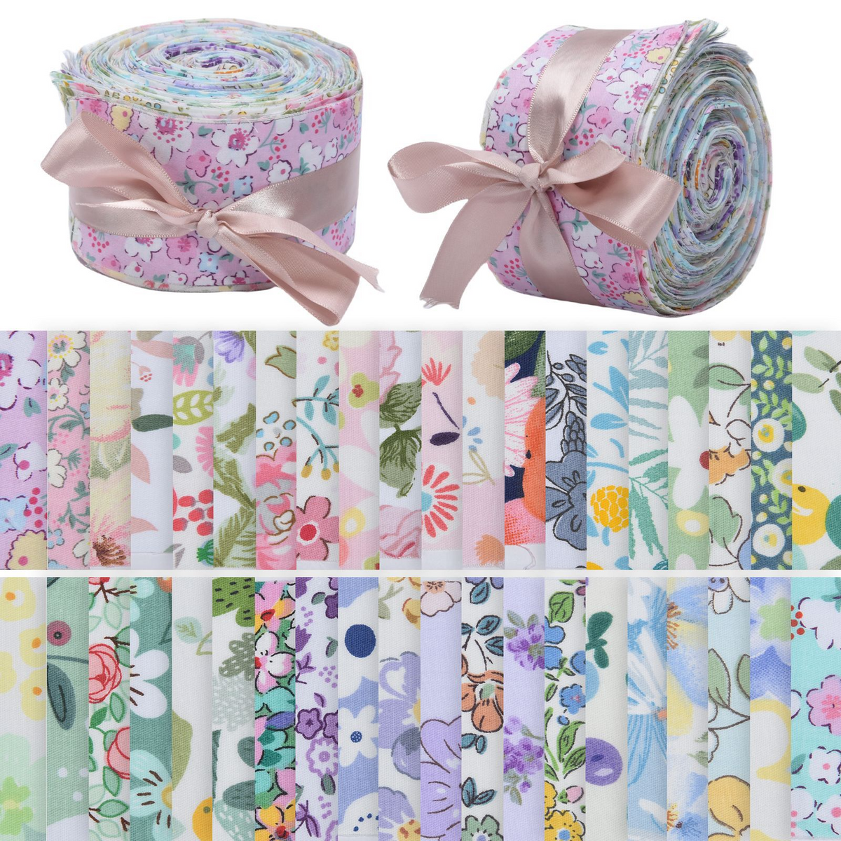 CraftsFabrics 40Pcs Floral Jelly Rolls Cotton Quilting Strips 100% Cotton 6.5x100cm Wide Square Fabric for DIY,Sewing, Quilting, Kid's Craft