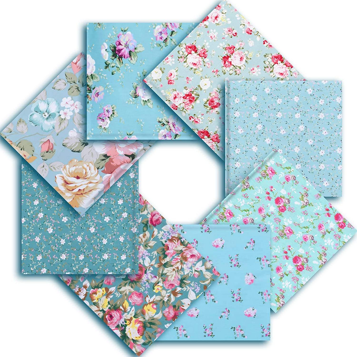 CraftsFabrics 8Pcs/lot Turquois Floral Fat Quarters 100% Cotton Twill Printed Precut Squares for Quilting, Arts, Crafts, DIY Projects