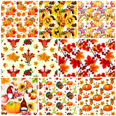 Assorted 8Pcs Fall & Autumn Polycotton Fabric Bundle for Thanksgiving