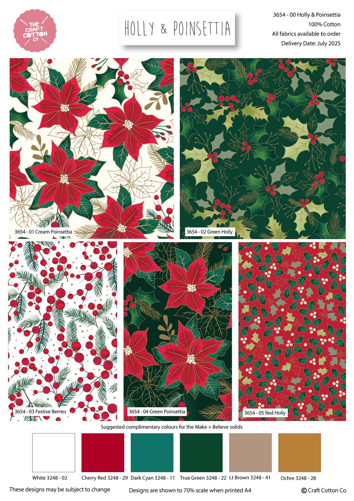 Craft Cotton Co. Holly & Poinsettia 100% Cotton 45x55cm Wide 5Pcs Christmas Fat Quarters for Sewing, Quilting, Dressmaking, Patchwork
