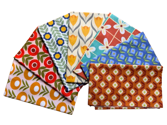 CraftsFabrics 7Pcs Wildflower Wonders Retro 70s Vintage Fabric 100% Cotton 50x40cm Wide Fat Quarter for Quilting, Scrapbooking, Patchwork