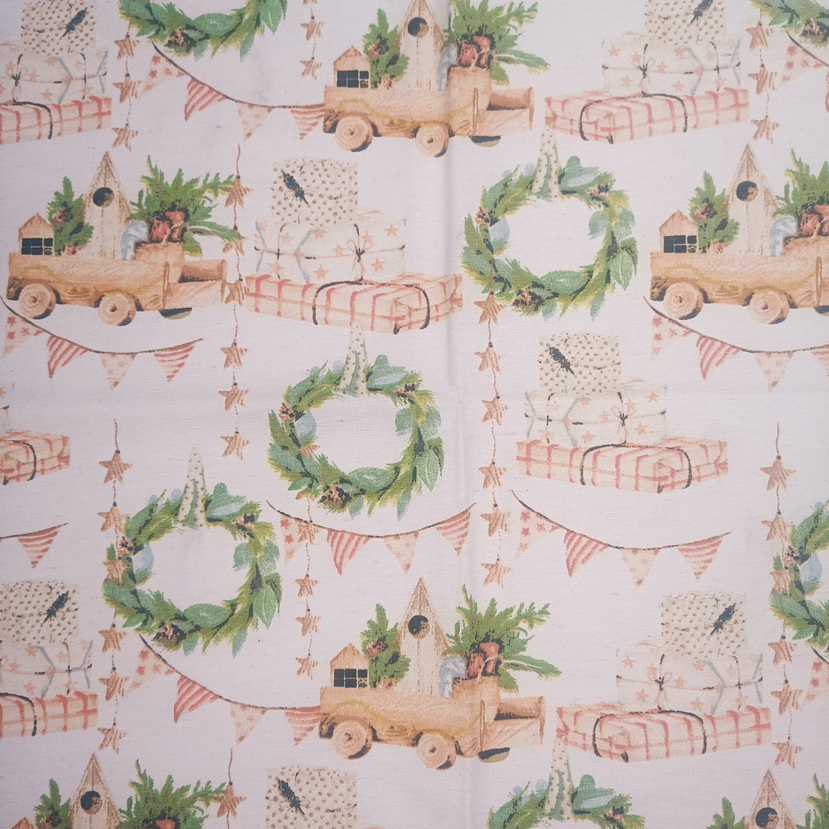 Festive Wreaths & Wagons 80% Cotton 20% Polyester 140cm Wide Crafty Cottons Digitally Printed Fabric Ideal For Crafting, Sewing, Quilting, Bunting, Patchwork