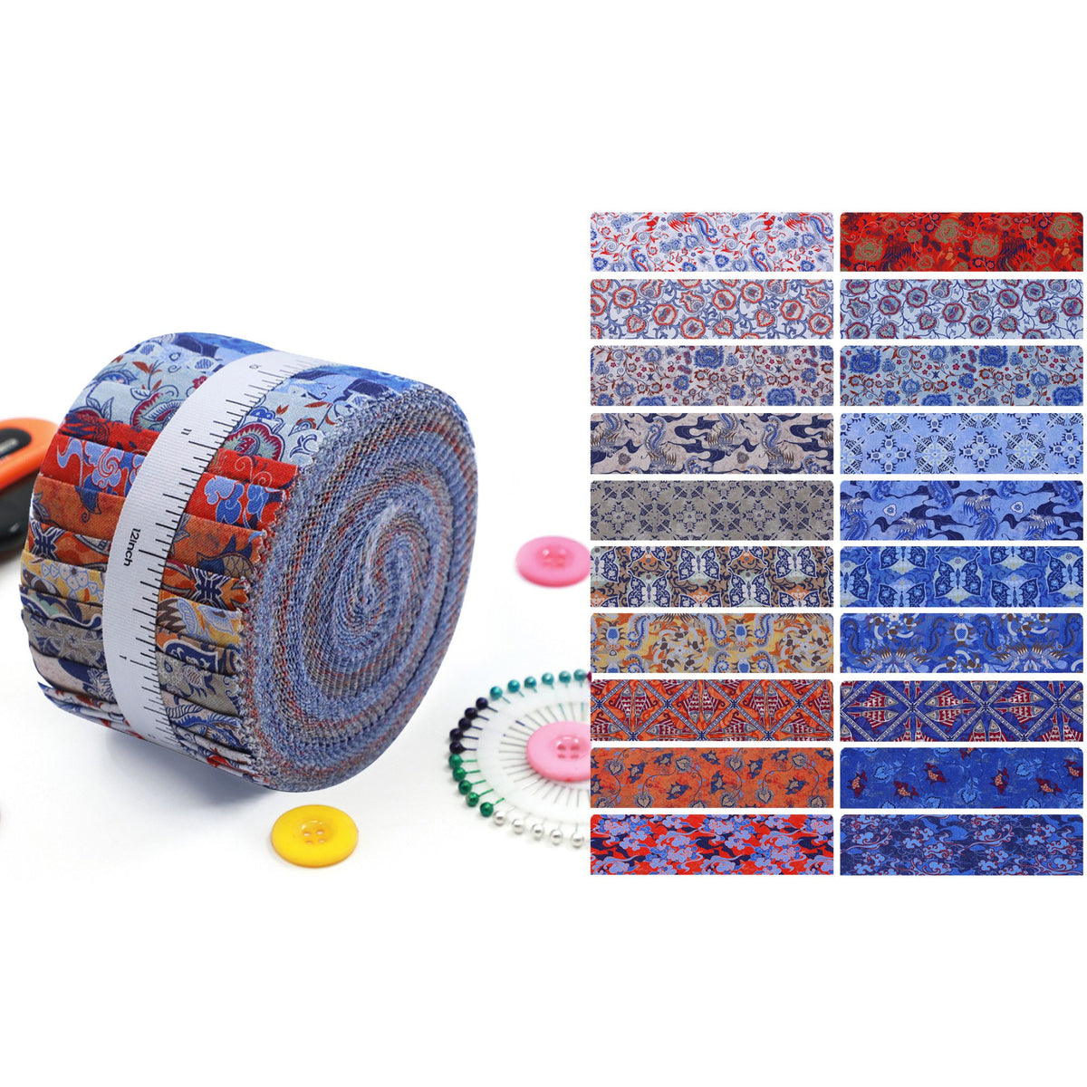 CraftsFabrics Blue & Red Ornamental Printed Cotton Jelly Roll – 20 Pre-Cut Fabric Strips