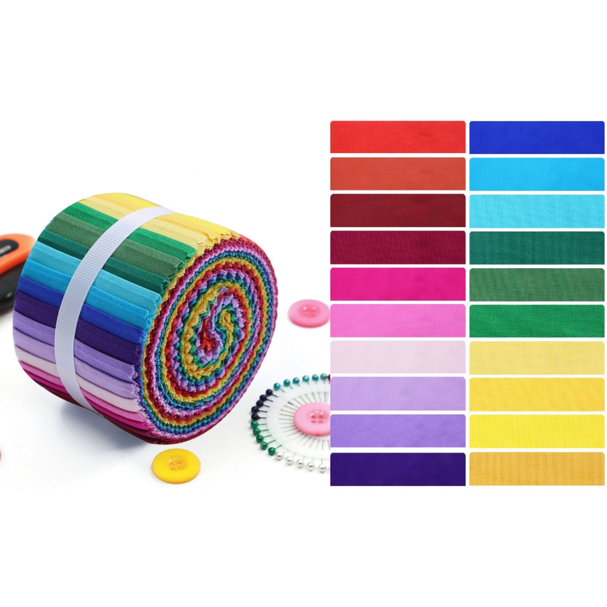 CraftsFabrics Rainbow Solid Cotton Jelly Roll – 20 Pre-Cut Fabric Strips