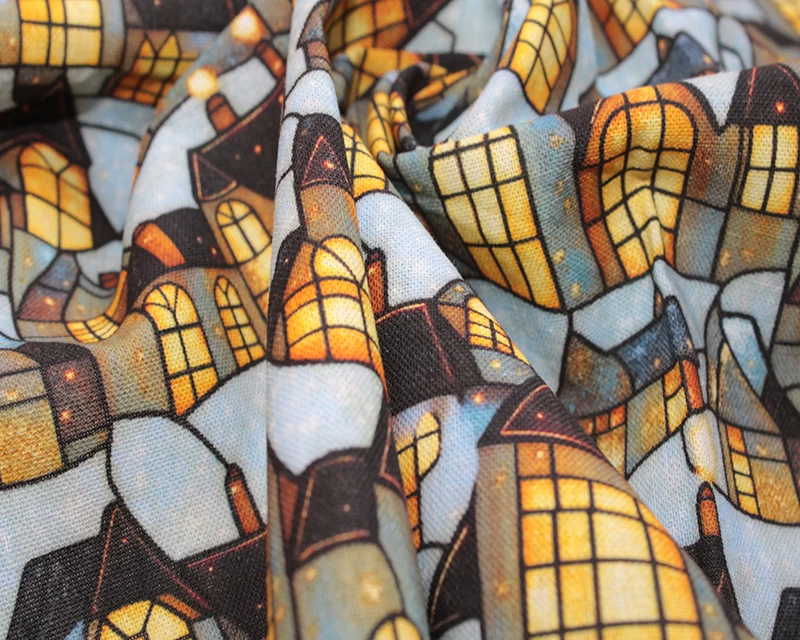 Little Johnny Digital Cotton 3D Stained Glass Homes 150cm Wide 100% Cotton Printed Fabric for Quilting, Sewing, Crafts, Dressmaking