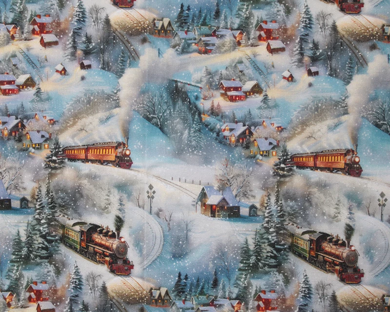 Little Johnny Train Scene Grey Cotton Fabric - LJCOT4