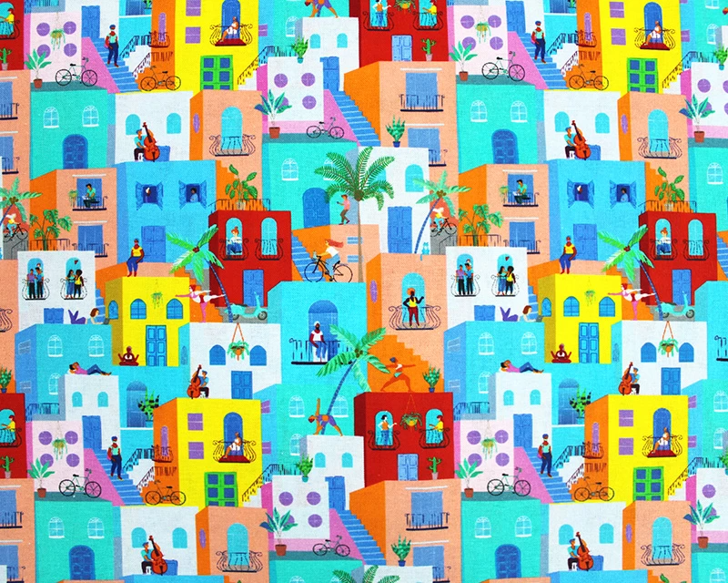 Little Johnny Coloured Buildings 100% Premium Cotton 150cm Wide Digitally Printed Fabric for Crafting, Sewing, Patchwork, Dressmaking