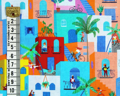 Little Johnny Coloured Buildings 100% Premium Cotton 150cm Wide Digitally Printed Fabric for Crafting, Sewing, Patchwork, Dressmaking