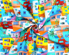 Little Johnny Coloured Buildings 100% Premium Cotton 150cm Wide Digitally Printed Fabric for Crafting, Sewing, Patchwork, Dressmaking
