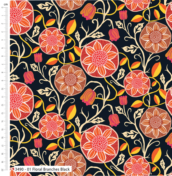 The Craft Cotton Co. Loose Fabric Lilycraft Fire by Savanna Rawson 100% Cotton 112cm Wide Floral Retro Print