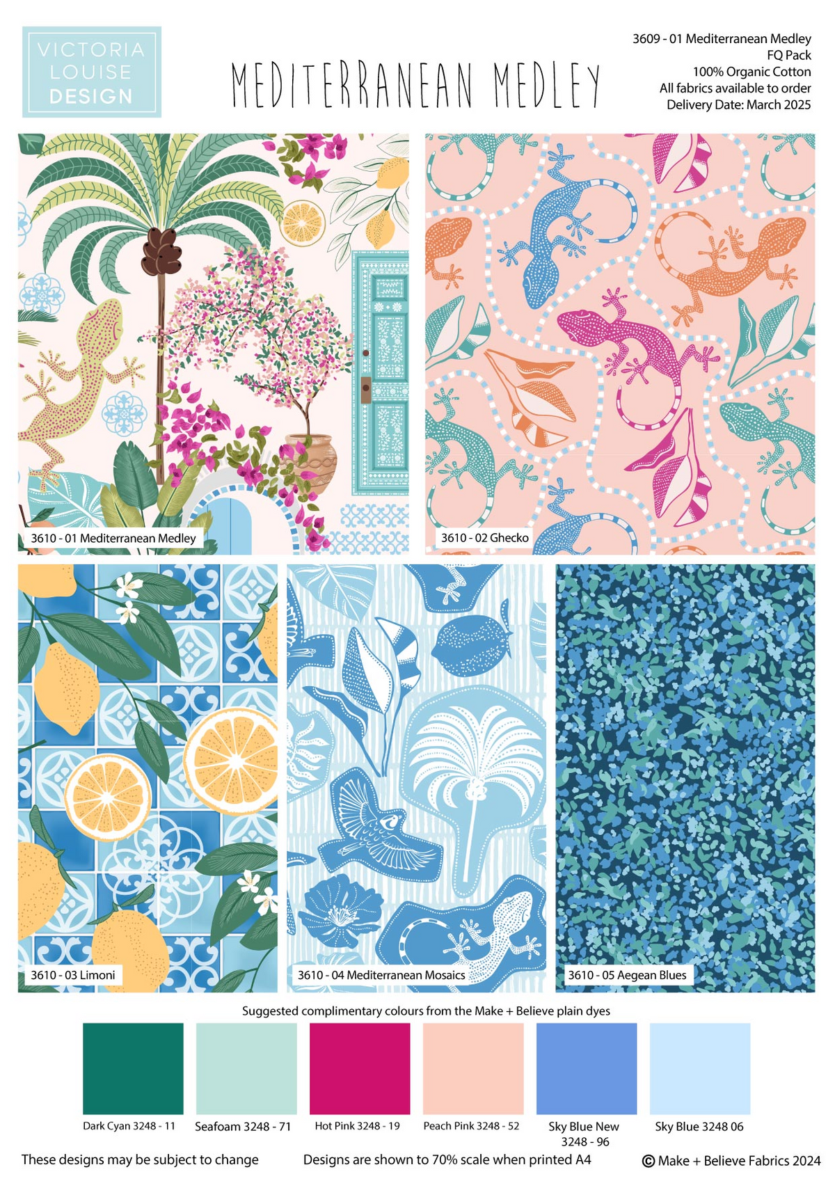 Mediterranean Medley Victoria Louise Design 100% Cotton 45cm x 55cm Wide 5Pcs Fat Quarter Bundle for Crafting, Sewing, Patchwork, Quilting