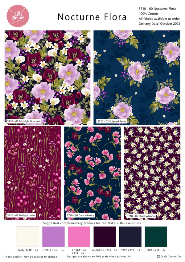 Nocturne Flora Floral Patterns 5Pcs 45cm x 55cm Wide Fat Quarter Bundle for Crafting, Home Decor and Dress Making
