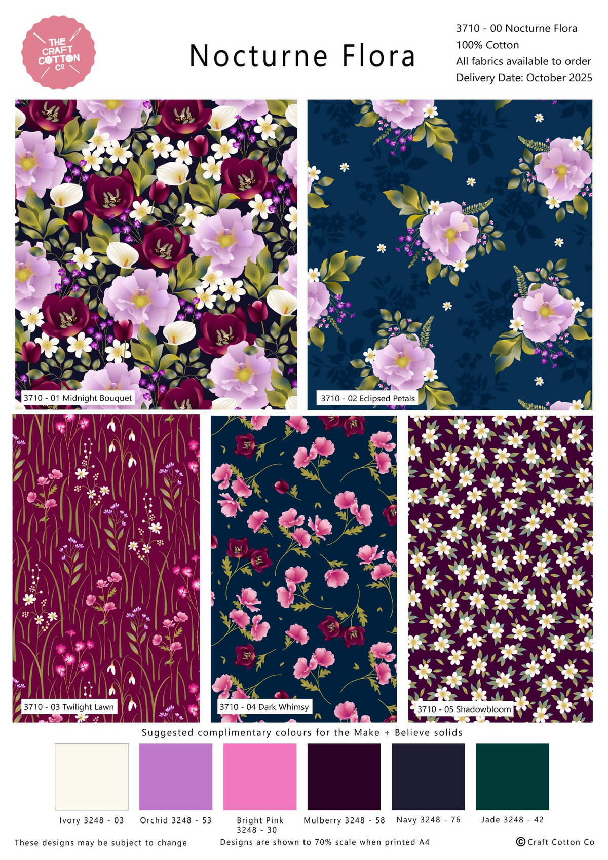 Nocturne Flora Floral Patterns 5Pcs 45cm x 55cm Wide Fat Quarter Bundle for Crafting, Home Decor and Dress Making
