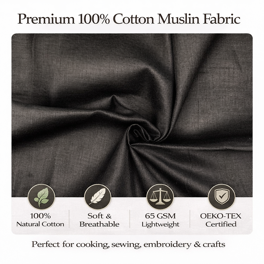 Black fabric with certification badges and text about cotton muslin fabric on a white background