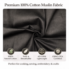 Black fabric with certification badges and text about cotton muslin fabric on a white background