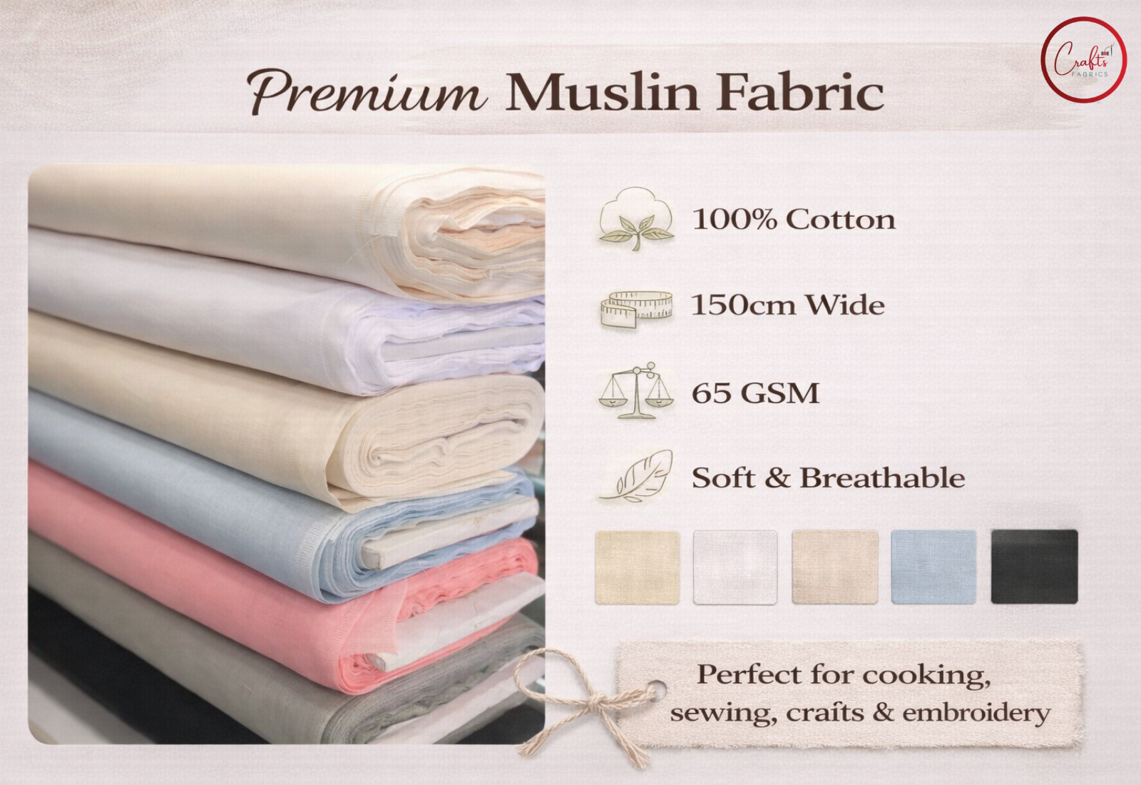 Stack of premium muslin fabric with specifications on a light gray background