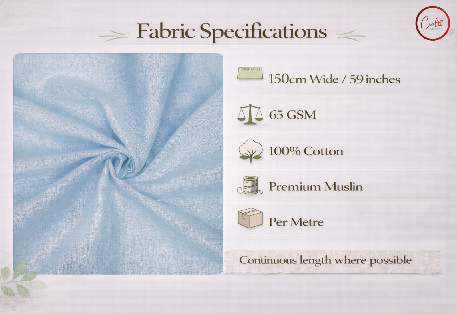 Fabric specifications for a blue fabric swatch with details on width, GSM, material, and measurement.

