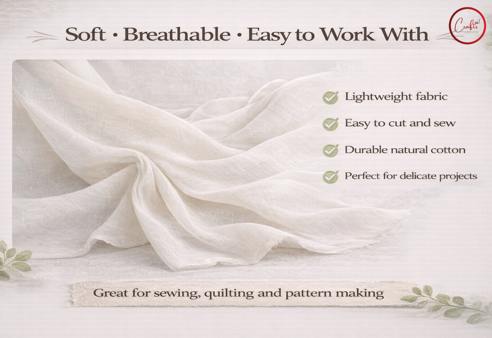 White fabric with text highlighting its properties and uses

