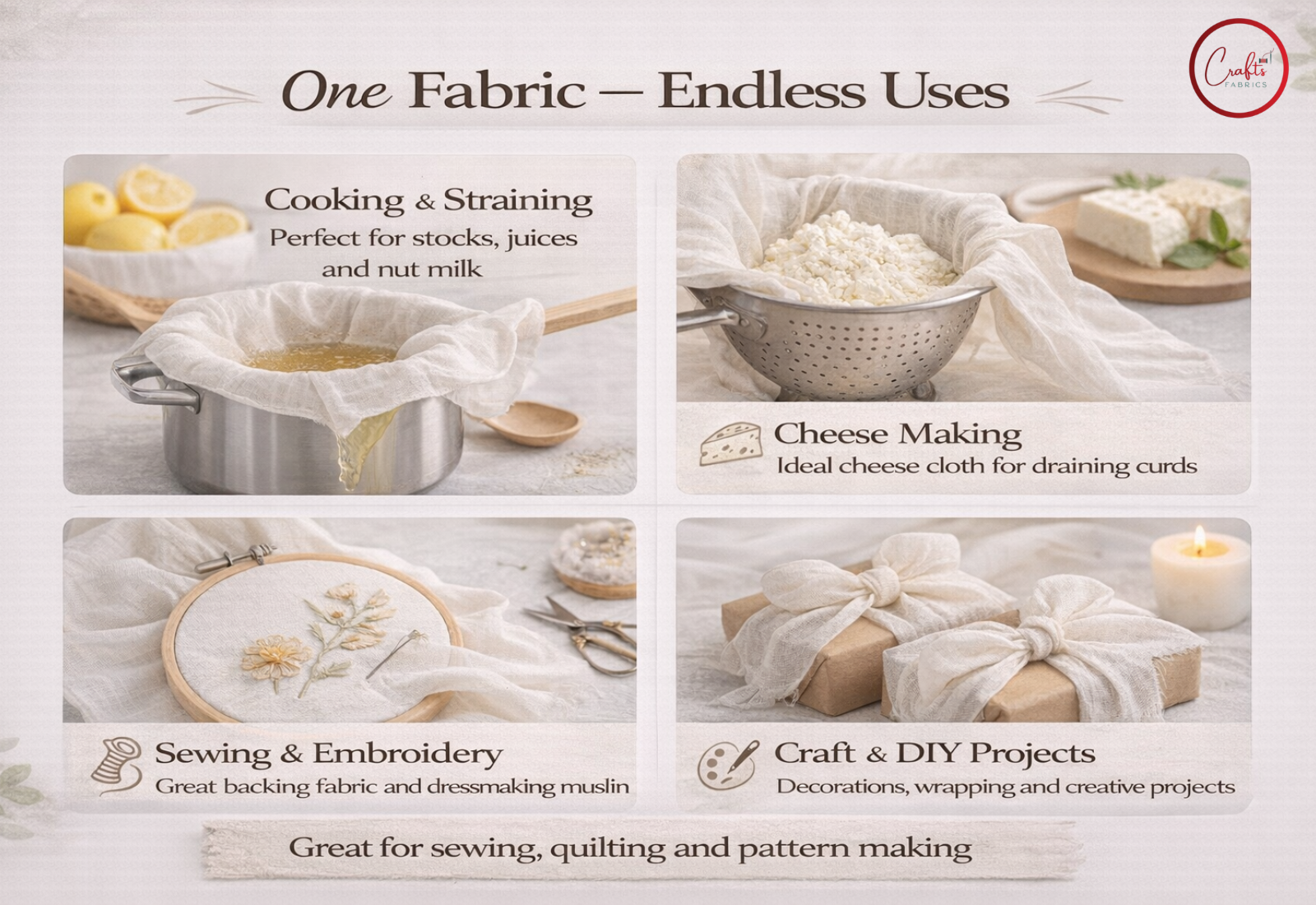 Fabric used for cooking, straining, cheese making, sewing, and embroidery with text on its uses.


