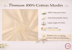 Premium 100% Cotton Muslin fabric with product details on a light background

