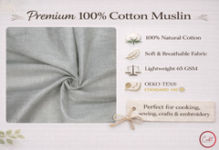 Premium 100% Cotton Muslin fabric with product features on a light background

