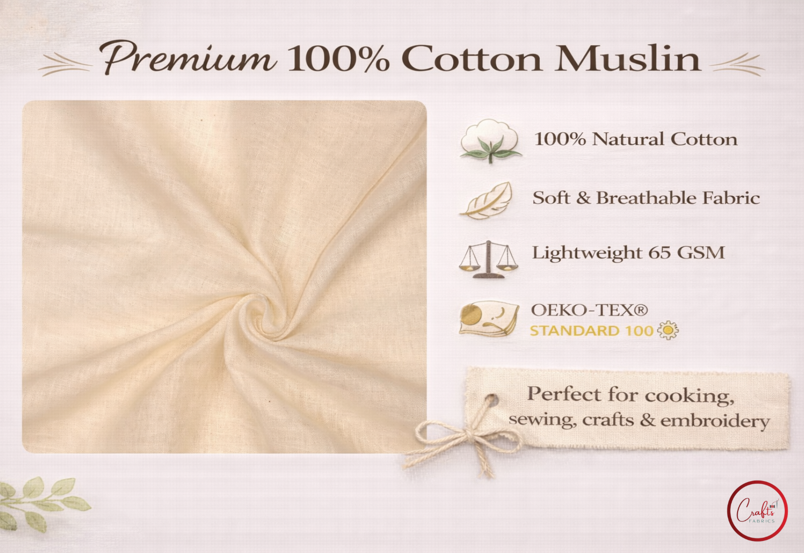 Premium 100% Cotton Muslin fabric with product features on a light background

