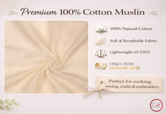Premium 100% Cotton Muslin fabric with product features on a light background

