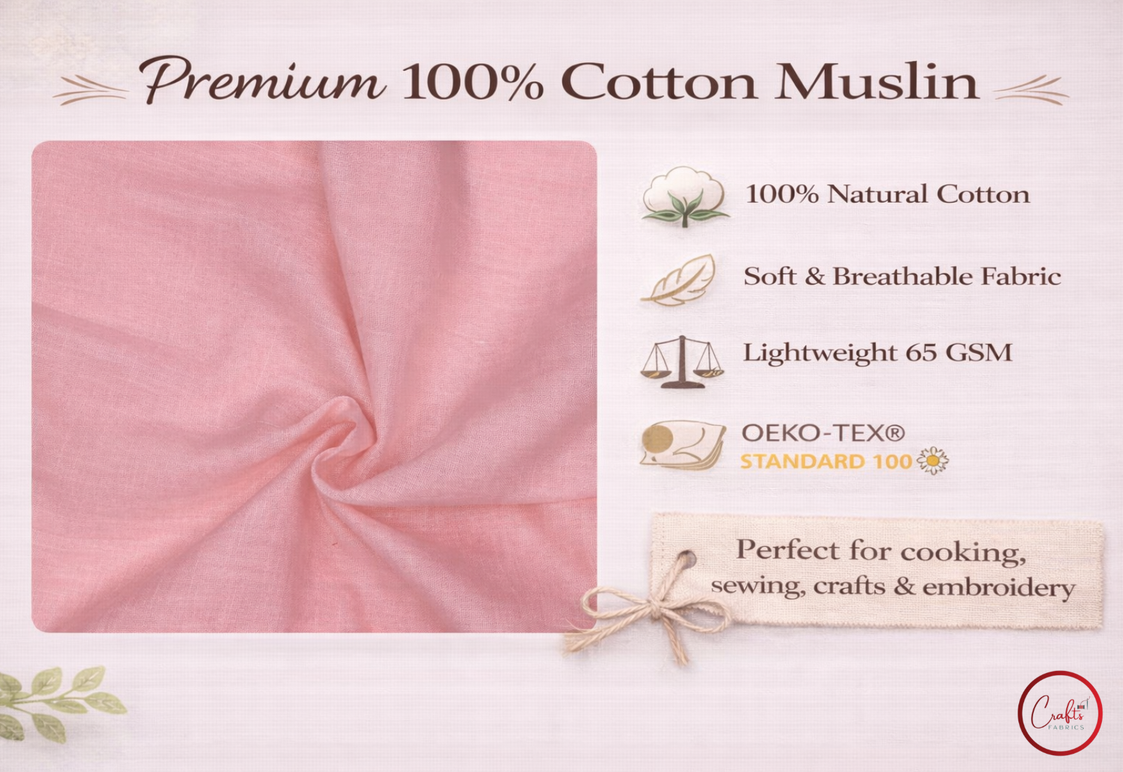 Pink cotton muslin fabric with product details on a light background

