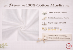 Premium 100% Cotton Muslin fabric with product features on a light background

