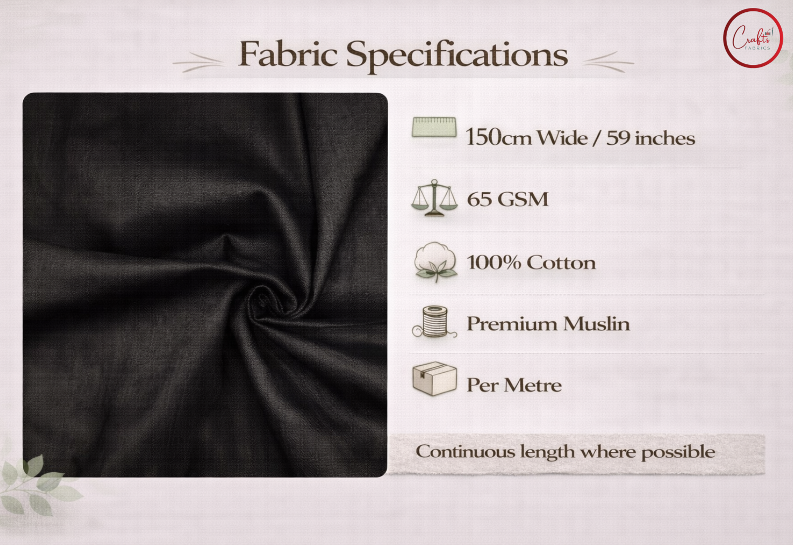 Black fabric with fabric specifications on a light background

