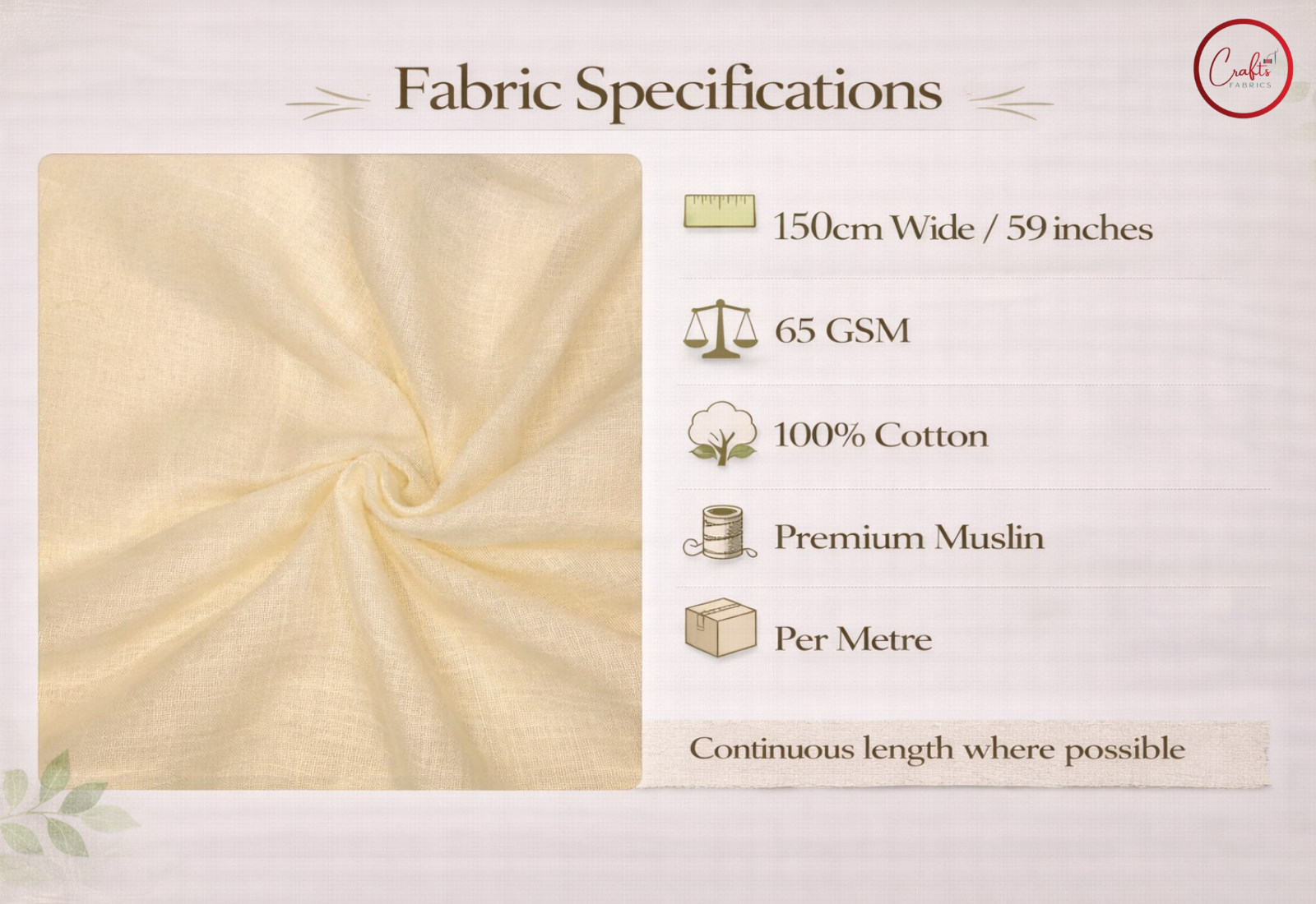 Fabric specifications of a yellow fabric swatch with text on a light beige background

