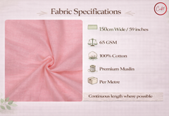 Fabric specifications of pink fabric with details on width, GSM, material, and measurement unit.

