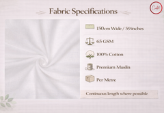 Fabric specifications for a white fabric swatch with text detailing width, GSM, material, and measurement units.

