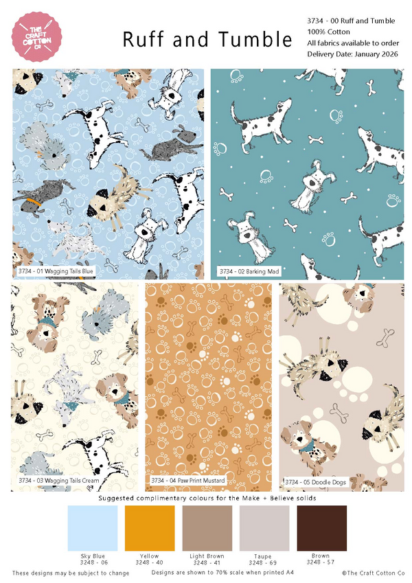 Ruff and Tumble by Susan Wheeler 100% Cotton 112cm Wide Printed Fabric for Crafting, Quilting, Children’s Projects, Pet Accessories