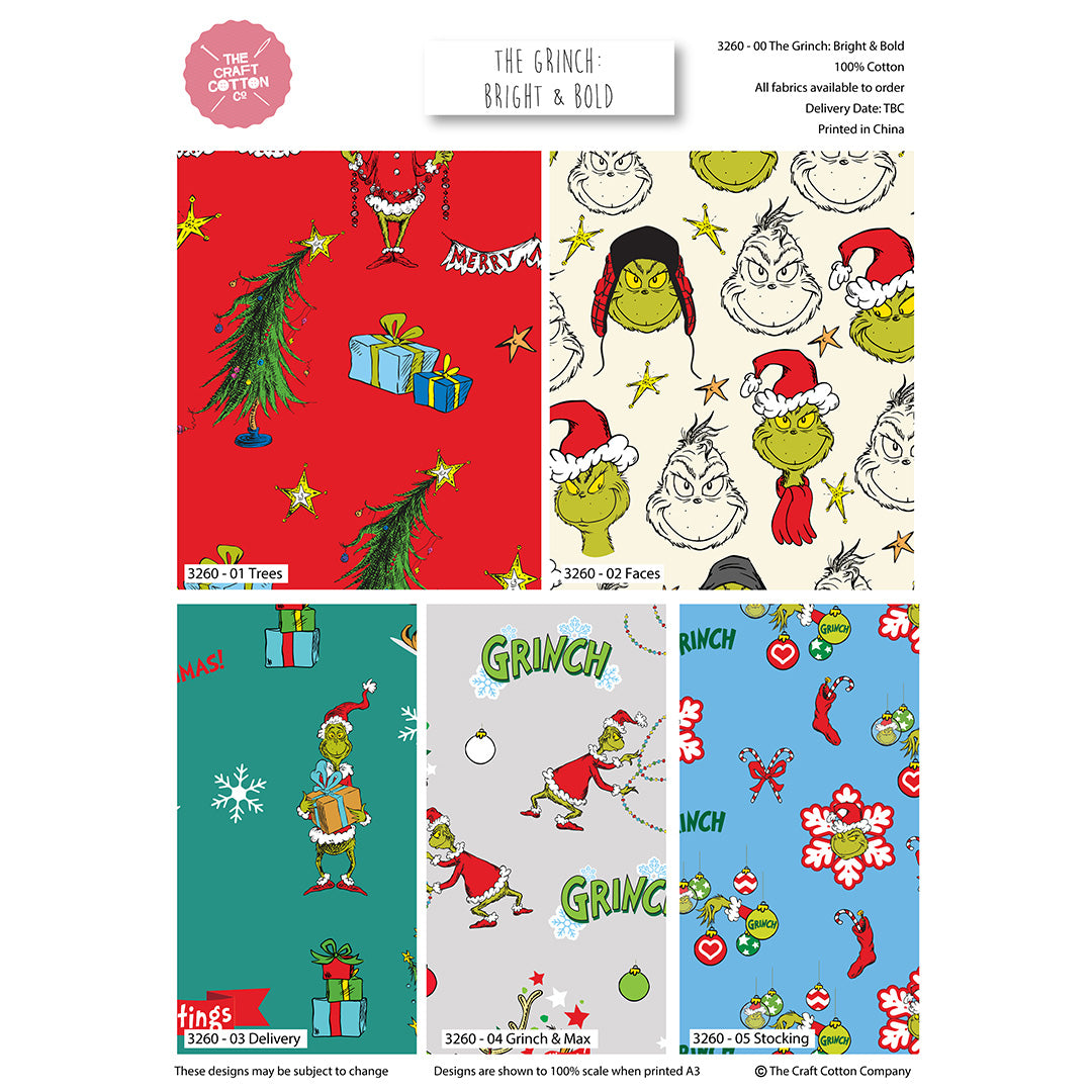 Grinch Bold & Bright–Dr Seuss Christmas Organic Cotton Fat Quarters - 5pc Bundle of 100% Cotton for Quilting and Crafting.