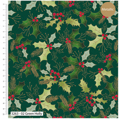 Traditional Holly–Premium Cotton Christmas Printed Fabric-100% Cotton- By Meter, Half Meter, Long Quarter or Fat Quarters