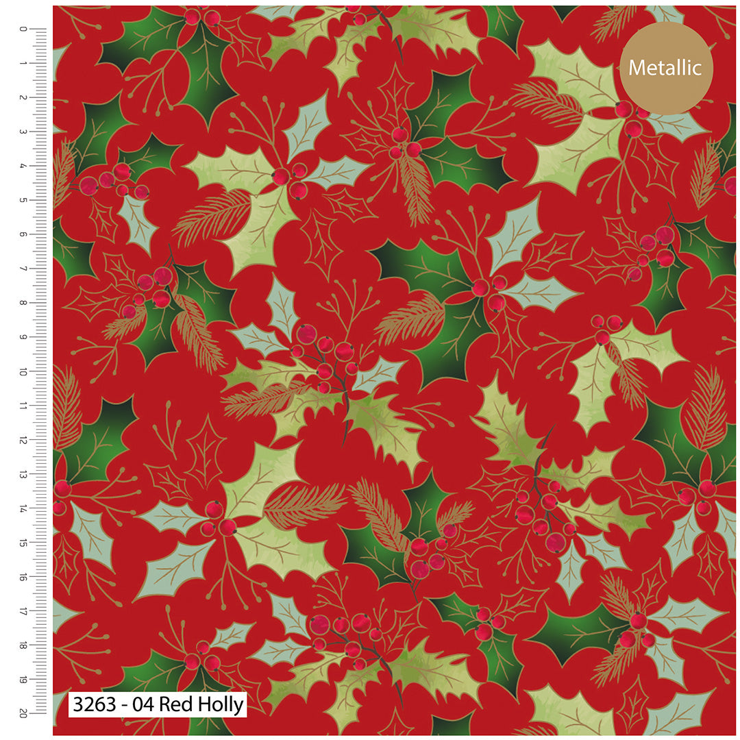 The Craft Cotton Co. Loose Fabric Traditional Holly–Premium Cotton Christmas Printed Fabric-100% Cotton- By Meter, Half Meter, Long Quarter or Fat Quarters