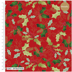 Traditional Holly–Premium Cotton Christmas Printed Fabric-100% Cotton- By Meter, Half Meter, Long Quarter or Fat Quarters