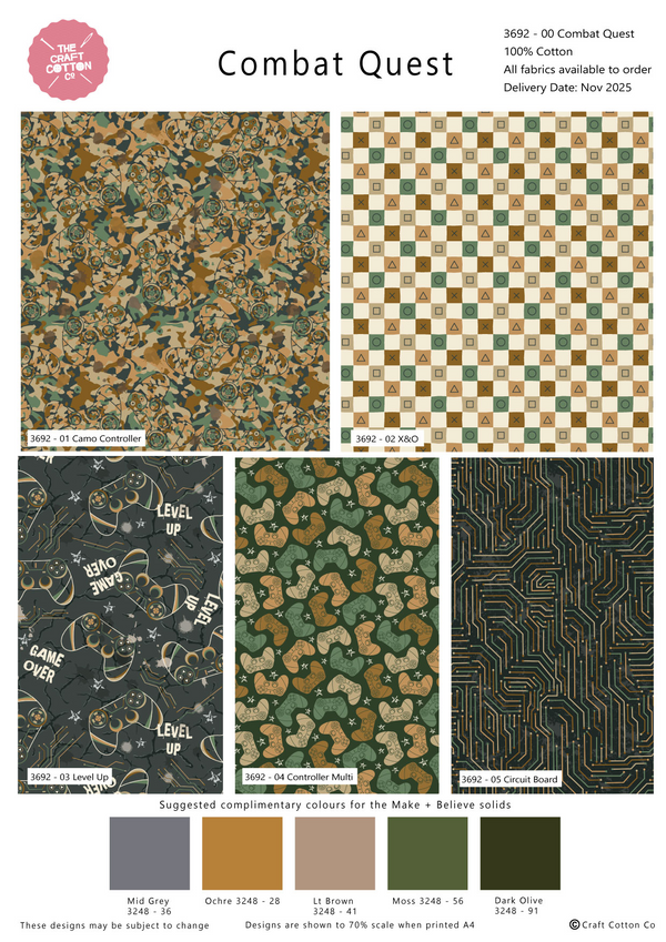 Combat Quest Printed Fabric 5Pcs 45cm x 55cm Wide Fat Quarter Bundle for Bean Bags, Play Zones and Childrens Crafting